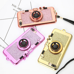 Luxury 3D Retro Camera Phone Cases For iphone 7 6 6s Plus Case Fashion Plating Soft Back Cover Long Strap Rope With Stand Holder